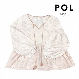 POL Women's Floral Embroidered Applique Babydoll Blouse Cream Pink Tassel Small